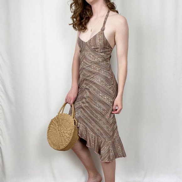 Vintage Multicolor Halter Knit Bodycon Fitted Ruffle Midi Summer Y2K 90s Dress - Picture 3 of 8